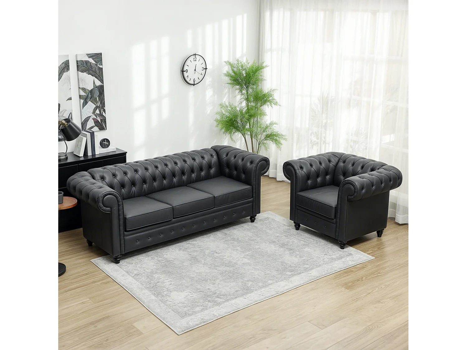Divano 3 posti stile chesterfield trapuntato in finta pelle nero