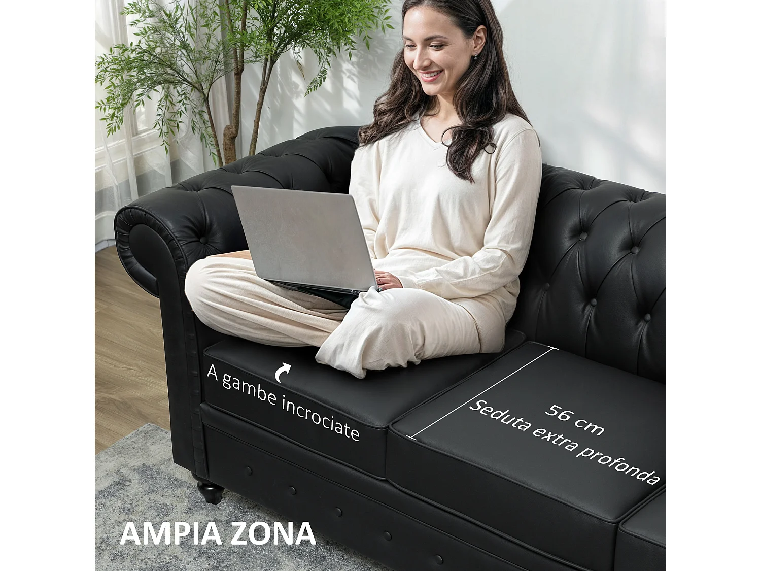 Divano 3 posti stile chesterfield trapuntato in finta pelle nero