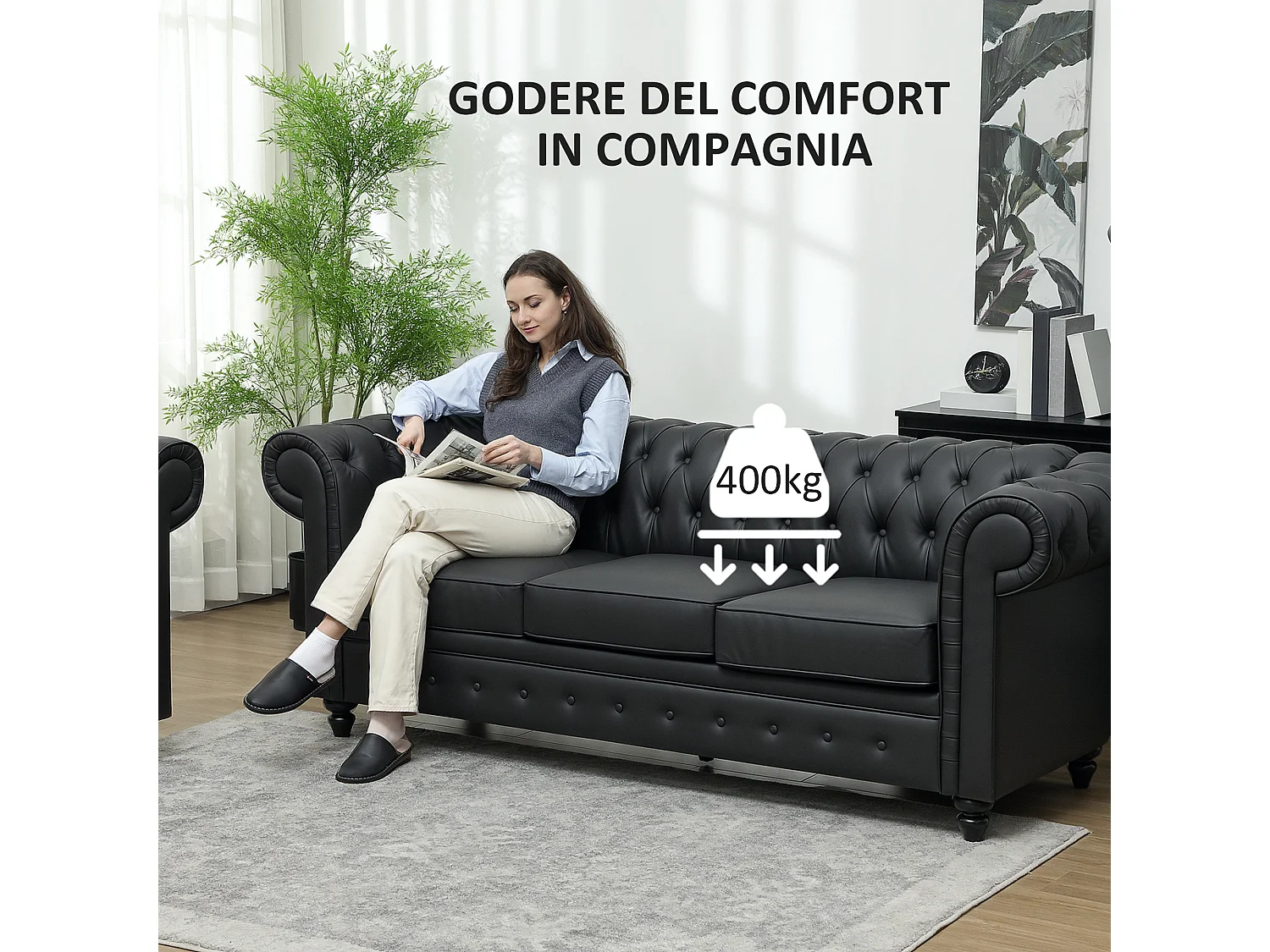 Divano 3 posti stile chesterfield trapuntato in finta pelle nero