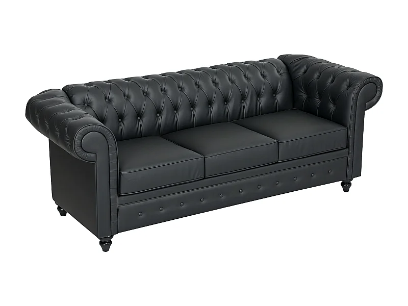 Divano 3 posti stile chesterfield trapuntato in finta pelle nero