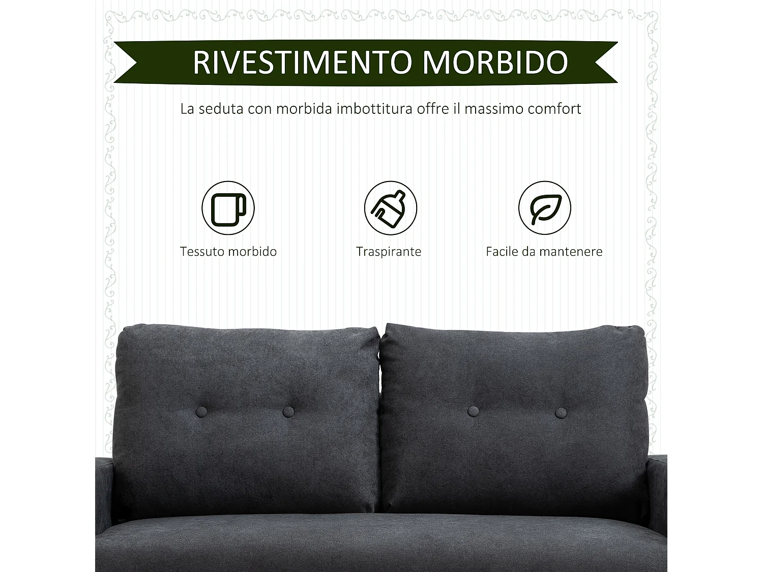 Divano 2 posti moderno stile nordico in tessuto grigio