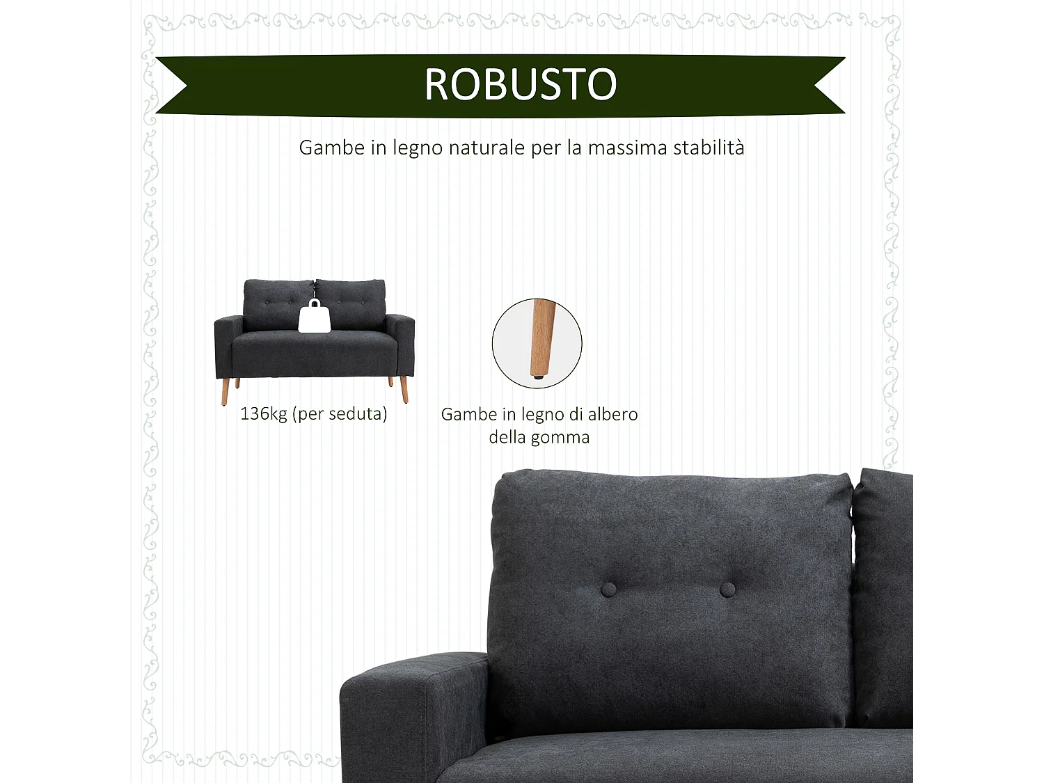 Divano 2 posti moderno stile nordico in tessuto grigio