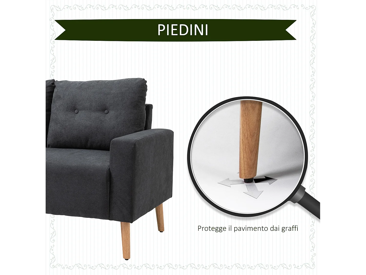 Divano 2 posti moderno stile nordico in tessuto grigio