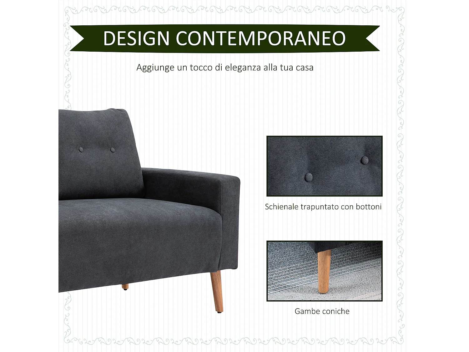 Divano 2 posti moderno stile nordico in tessuto grigio