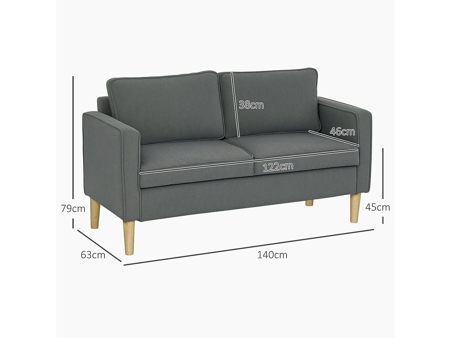 Divano 2 posti imbottito con spazio portaoggetti e 2 cuscini grigio