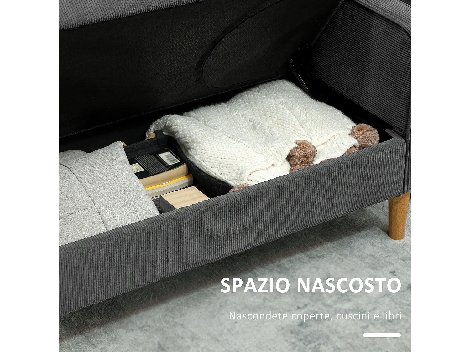 Divano 2 posti imbottito con spazio portaoggetti e 2 cuscini grigio