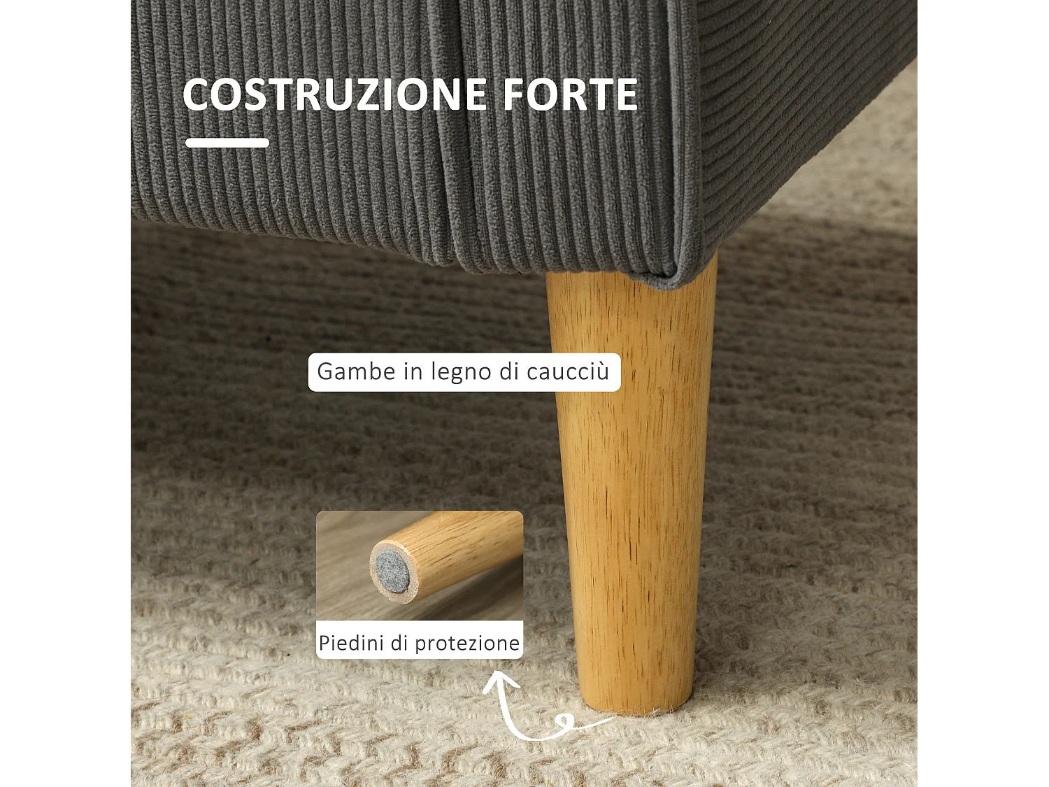 Divano 2 posti imbottito con spazio portaoggetti e 2 cuscini grigio