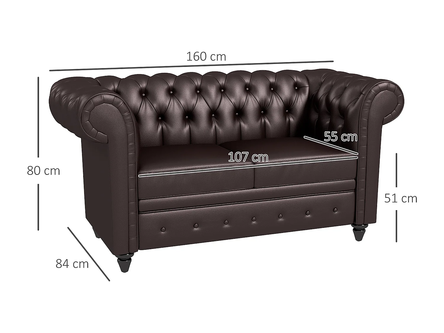 Divano 2 posti in stile chesterfield con cuscino rimovibile marrone