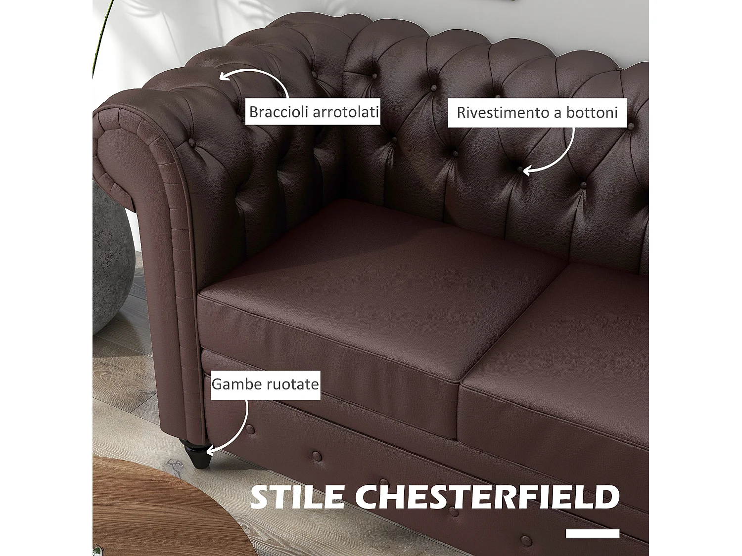 Divano 2 posti in stile chesterfield con cuscino rimovibile marrone