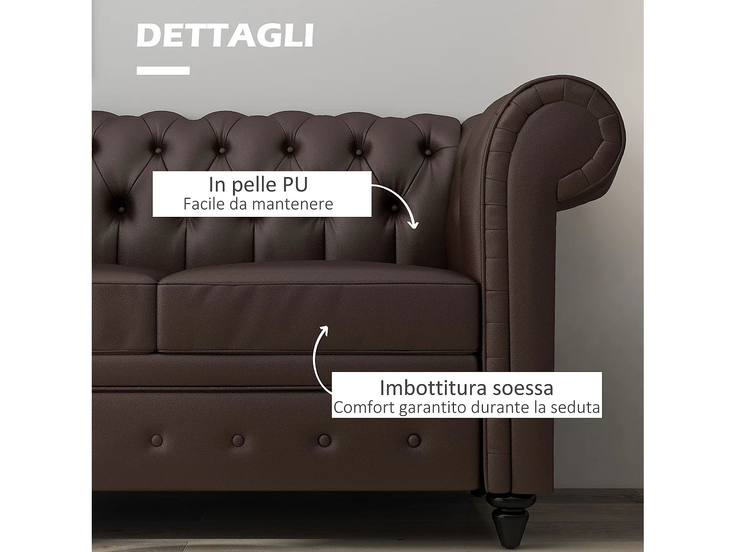 Divano 2 posti in stile chesterfield con cuscino rimovibile marrone