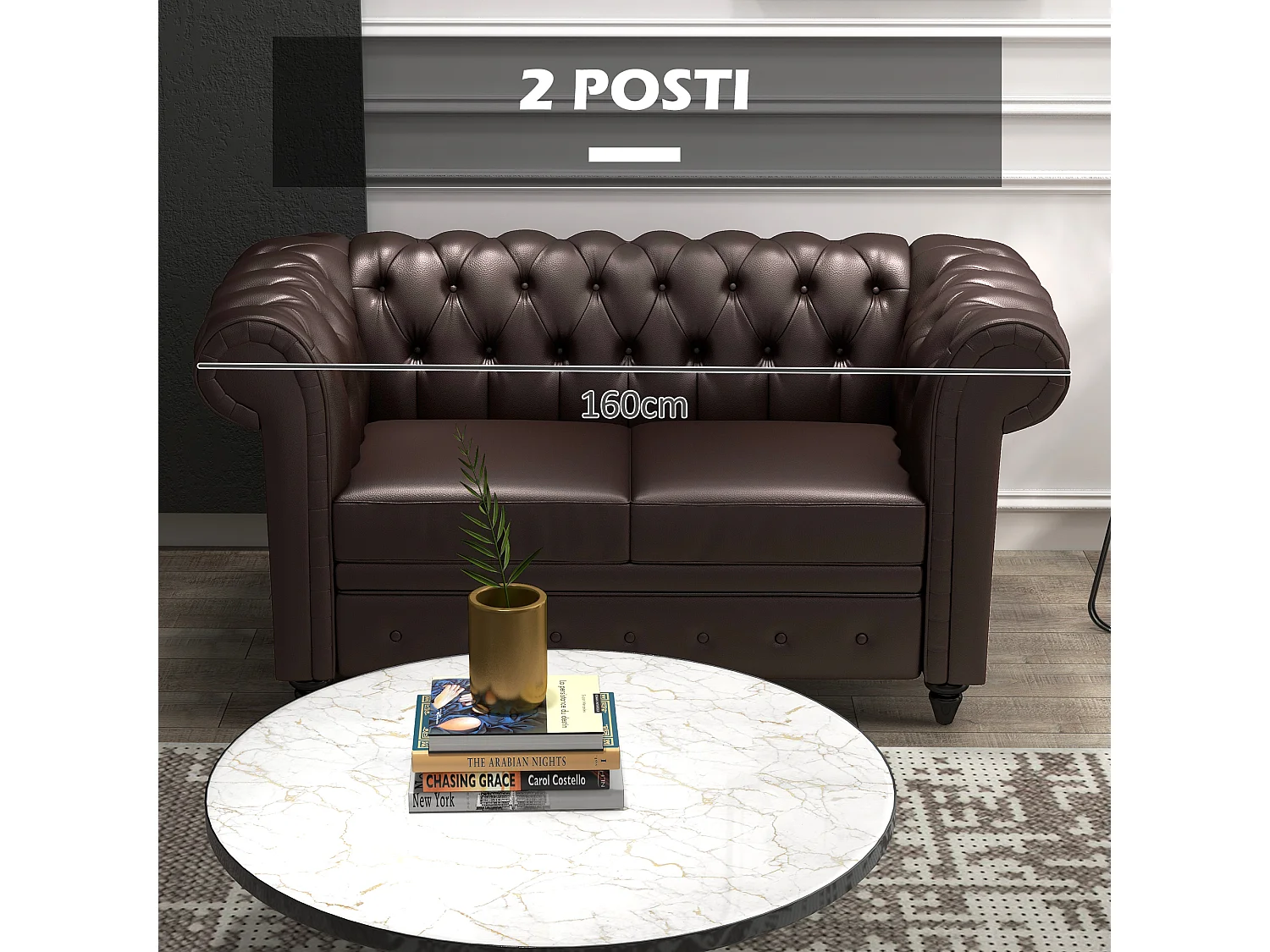 Divano 2 posti in stile chesterfield con cuscino rimovibile marrone