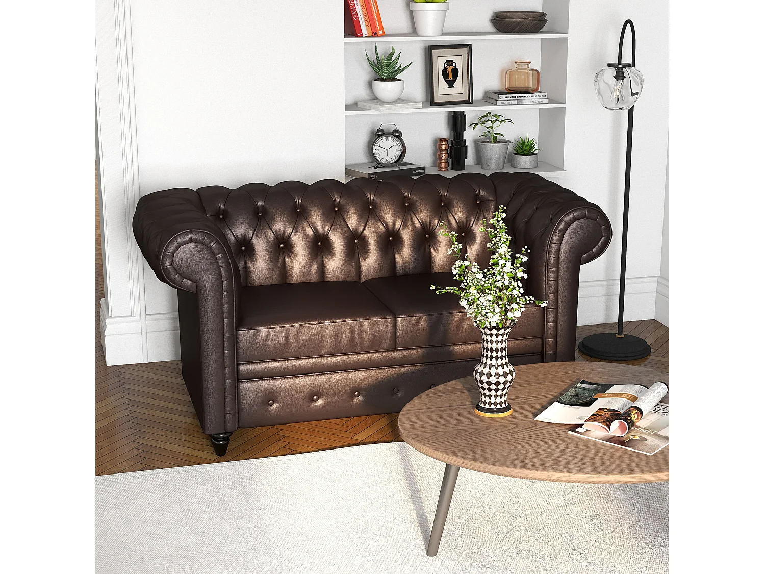 Divano 2 posti in stile chesterfield con cuscino rimovibile marrone
