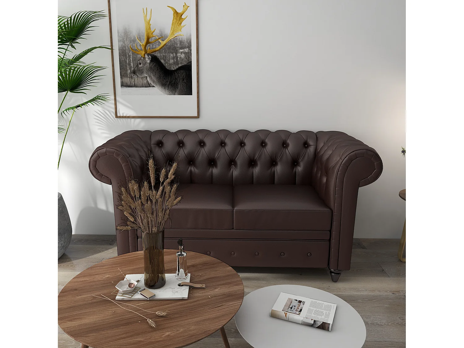 Divano 2 posti in stile chesterfield con cuscino rimovibile marrone