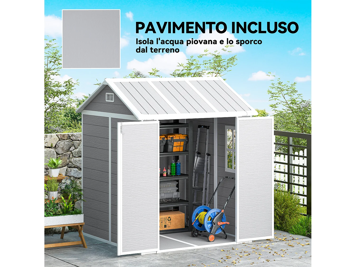 Casetta da giardino porta attrezzi in finitura effetto legno graffiato con pavimento