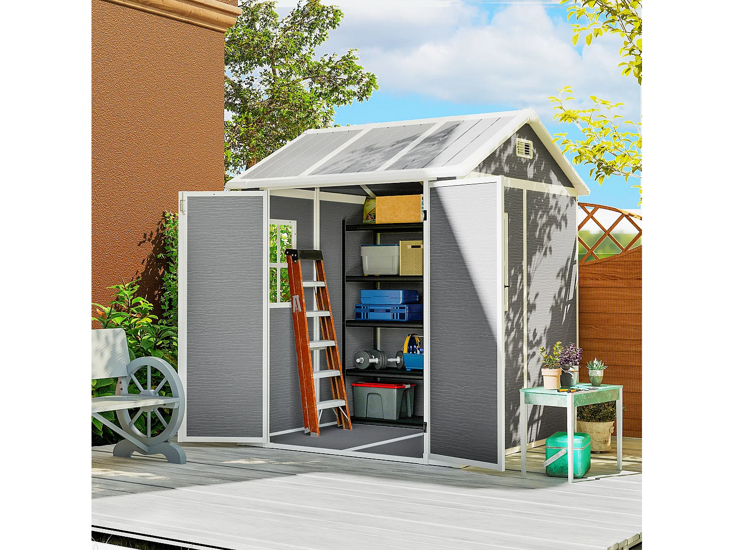 Casetta da giardino porta attrezzi in finitura effetto legno graffiato con pavimento