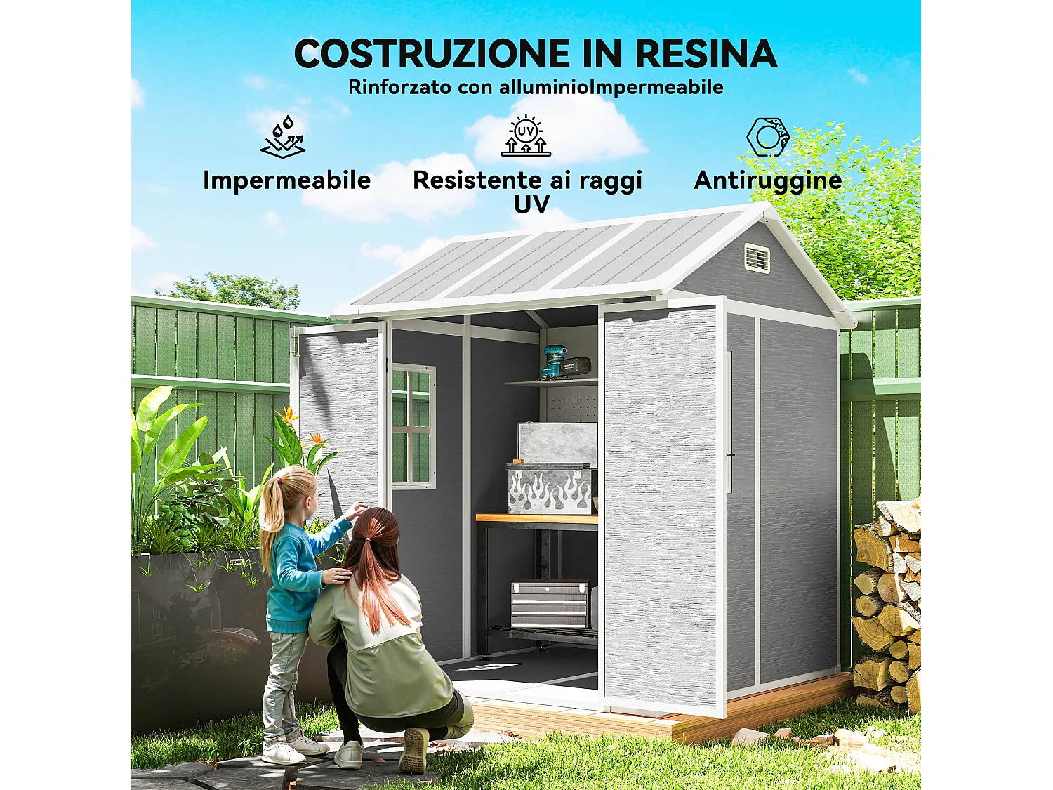 Casetta da giardino porta attrezzi in finitura effetto legno graffiato con pavimento