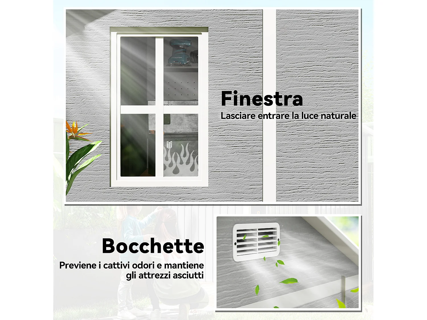 Casetta da giardino porta attrezzi in finitura effetto legno graffiato con pavimento