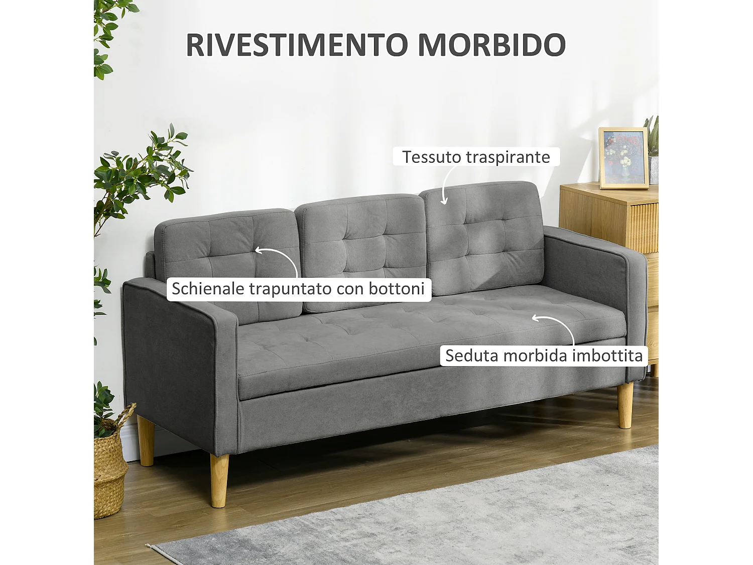 Divano 3 posti moderno con vano contenitore in tessuto grigio