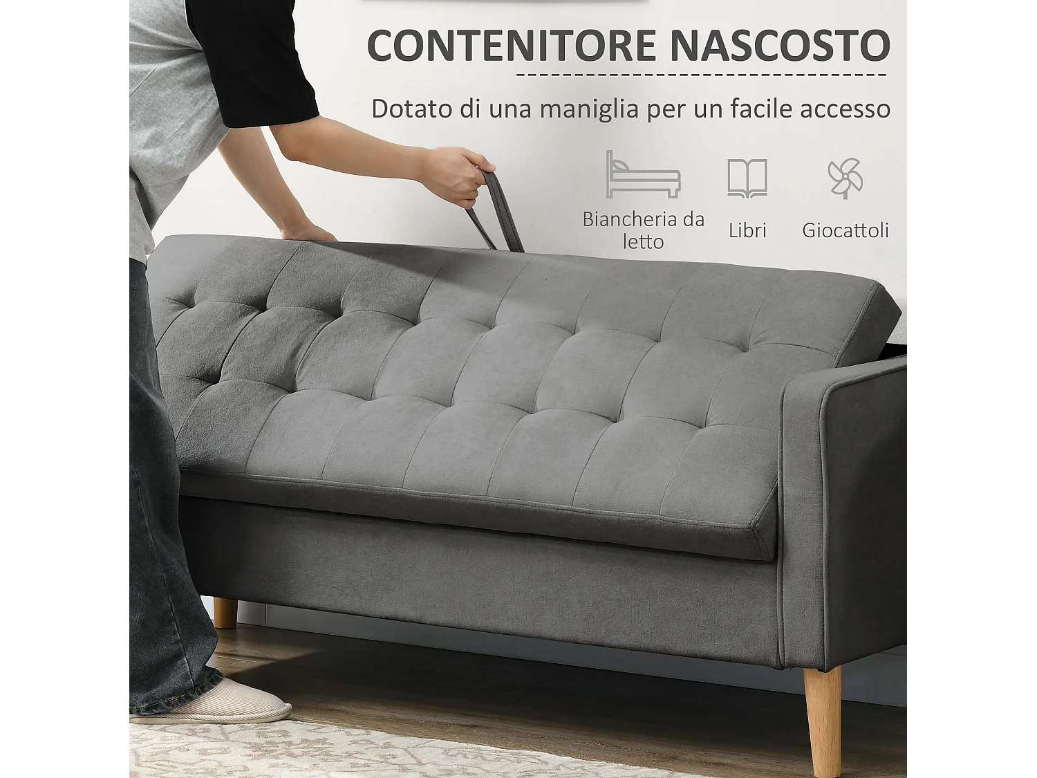 Divano 3 posti moderno con vano contenitore in tessuto grigio