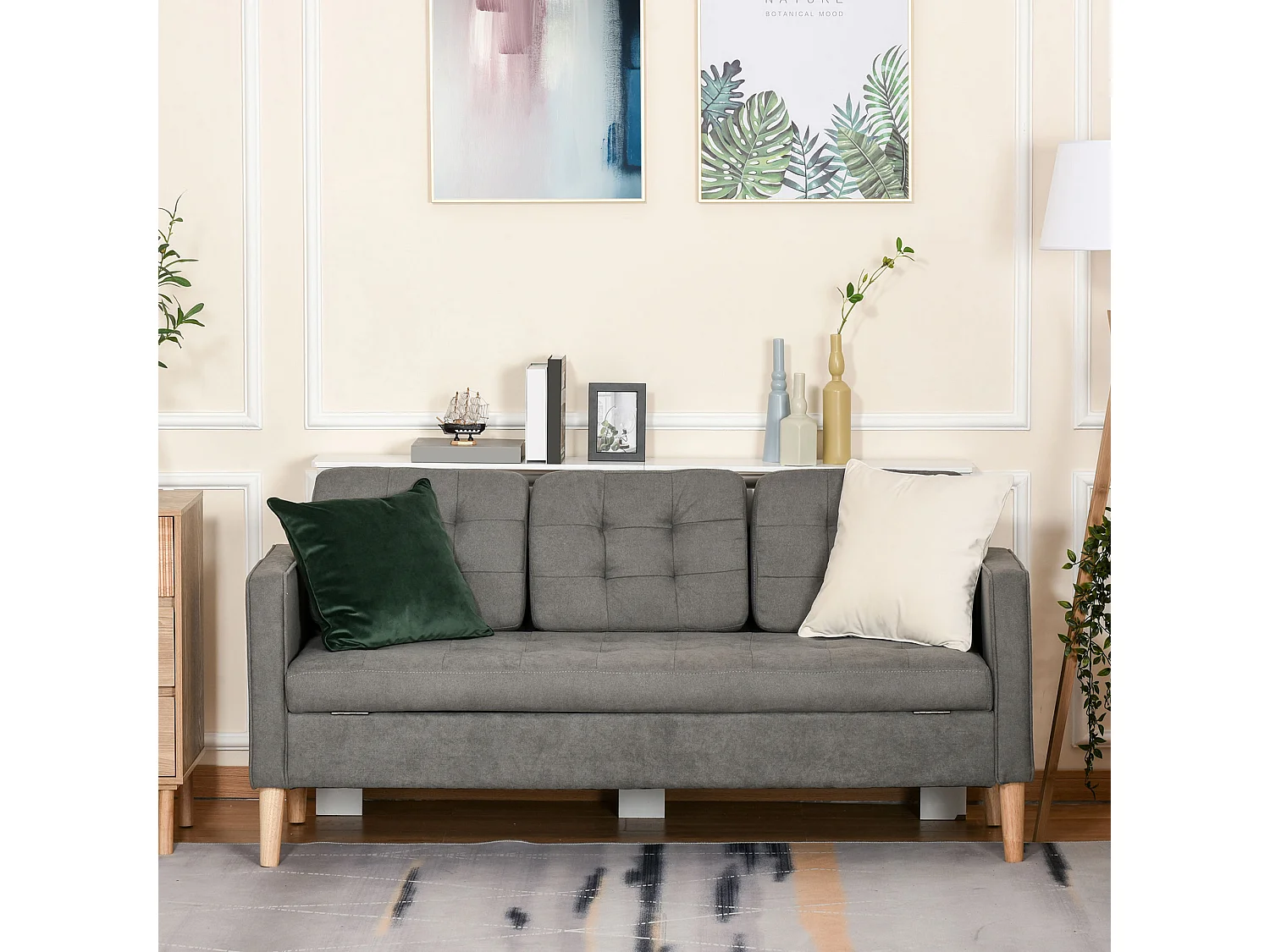 Divano 3 posti moderno con vano contenitore in tessuto grigio