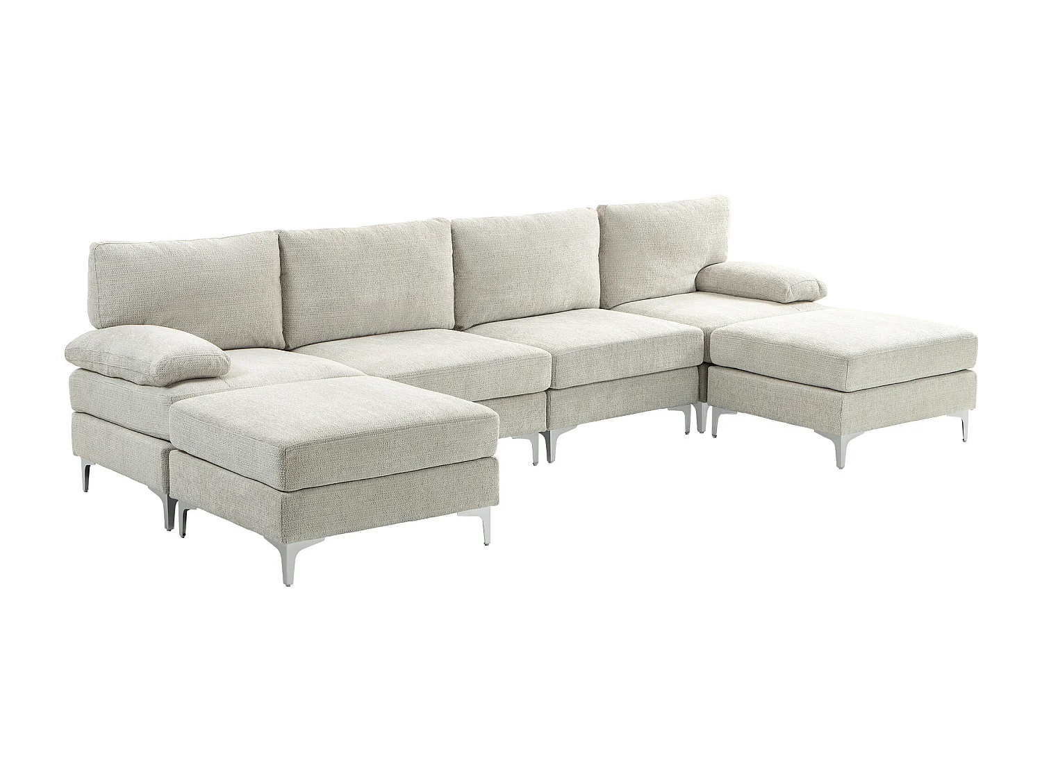 Divano componibile effetto ciniglia con poggiapiedi e cuscini crema