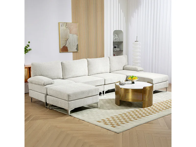 Divano componibile effetto ciniglia con poggiapiedi e cuscini crema