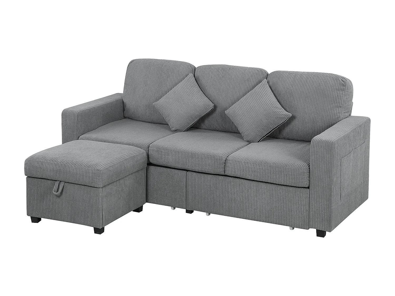 Divano 3 posti modulare con pouf contenitore in velluto a coste grigio