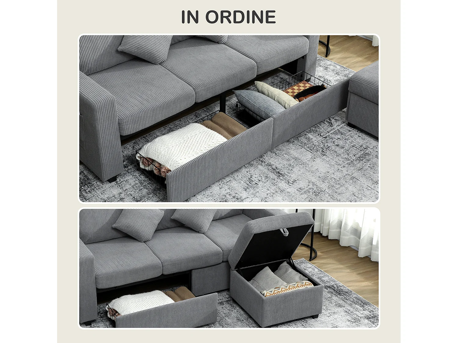 Divano 3 posti modulare con pouf contenitore in velluto a coste grigio