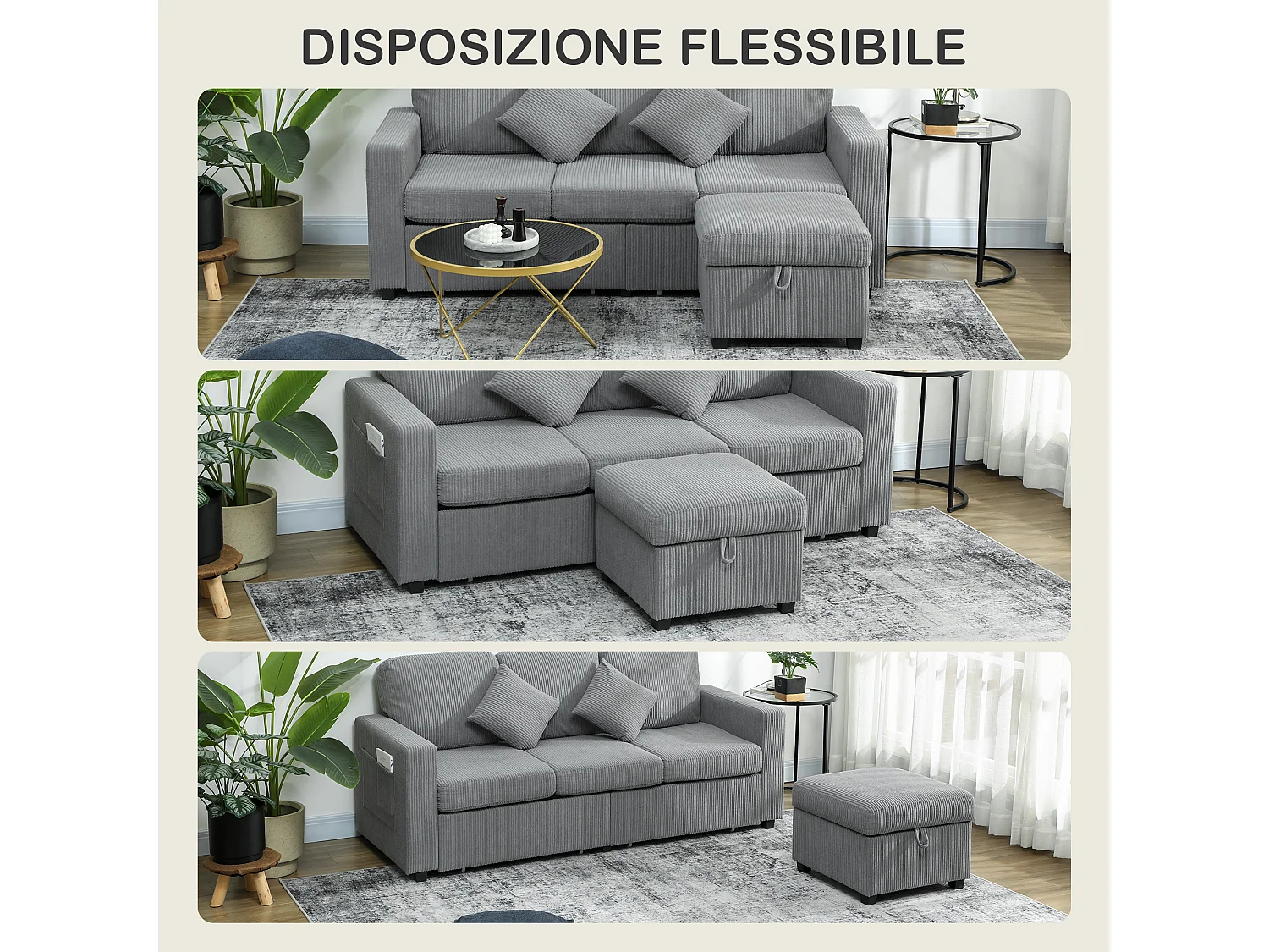 Divano 3 posti modulare con pouf contenitore in velluto a coste grigio