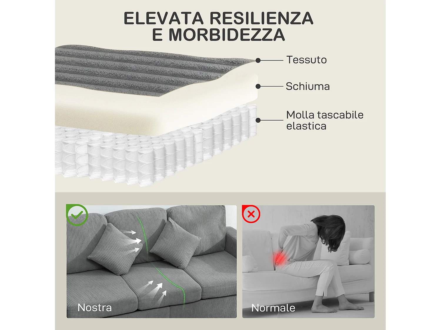 Divano 3 posti modulare con pouf contenitore in velluto a coste grigio