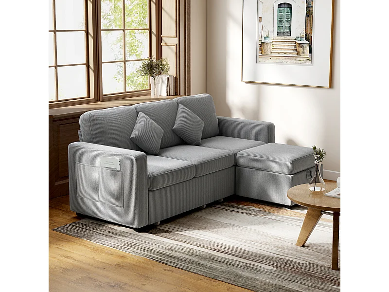 Divano 3 posti modulare con pouf contenitore in velluto a coste grigio