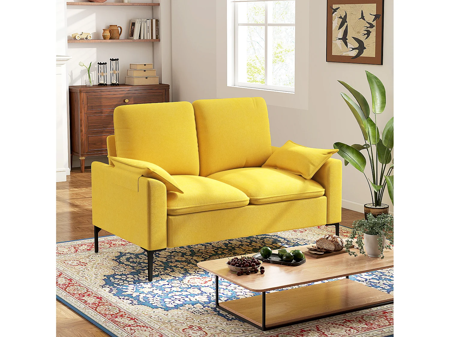 Divano 2 posti moderno con cuscini in tessuto spugna giallo