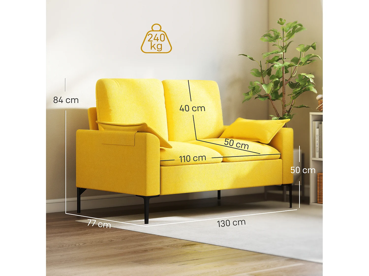 Divano 2 posti moderno con cuscini in tessuto spugna giallo