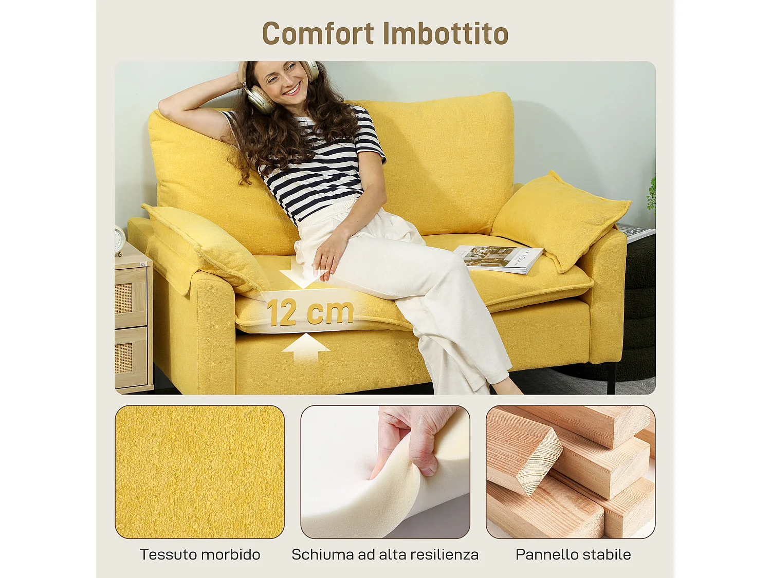 Divano 2 posti moderno con cuscini in tessuto spugna giallo