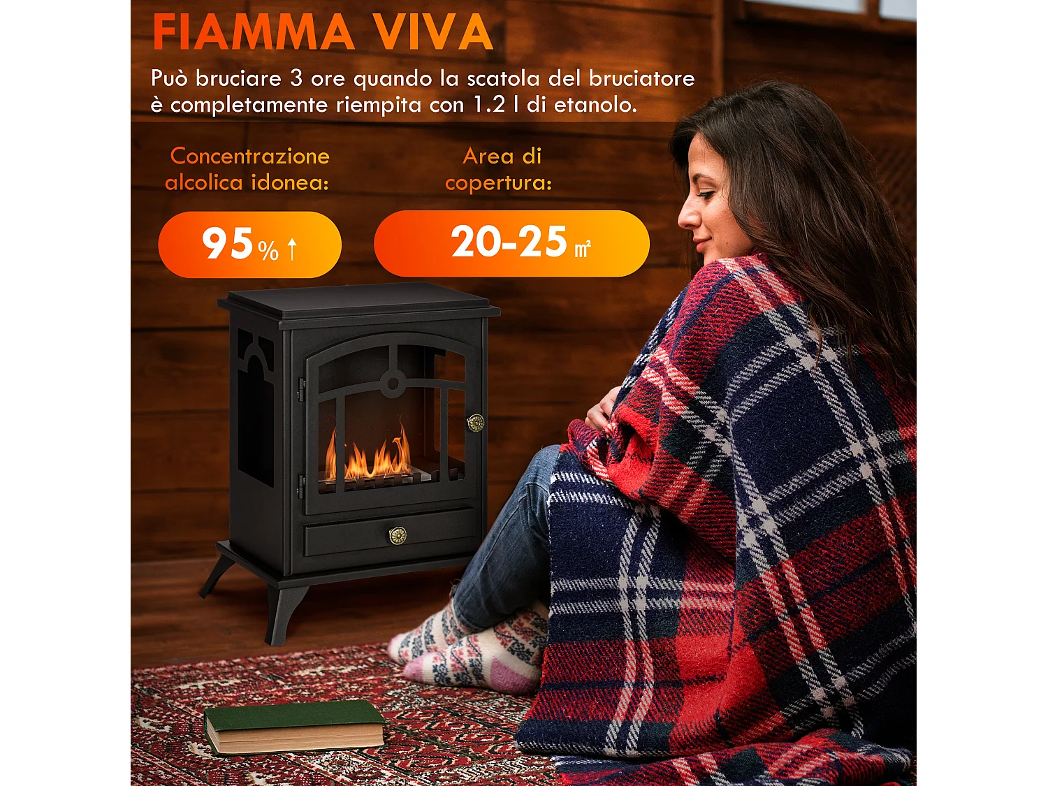 Camino bioetanolo classico con bruciatore 1.2 litri durata 3 ore nero