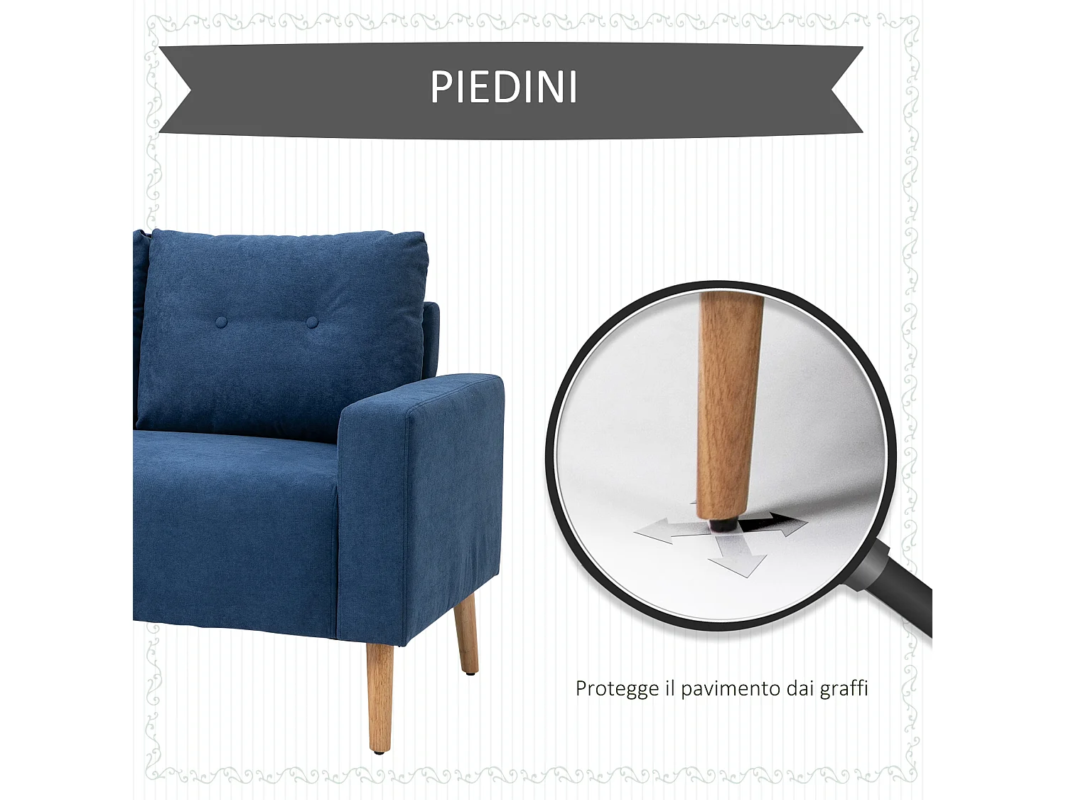 Divano 2 posti moderno con schienale trapuntato in poliestere blu