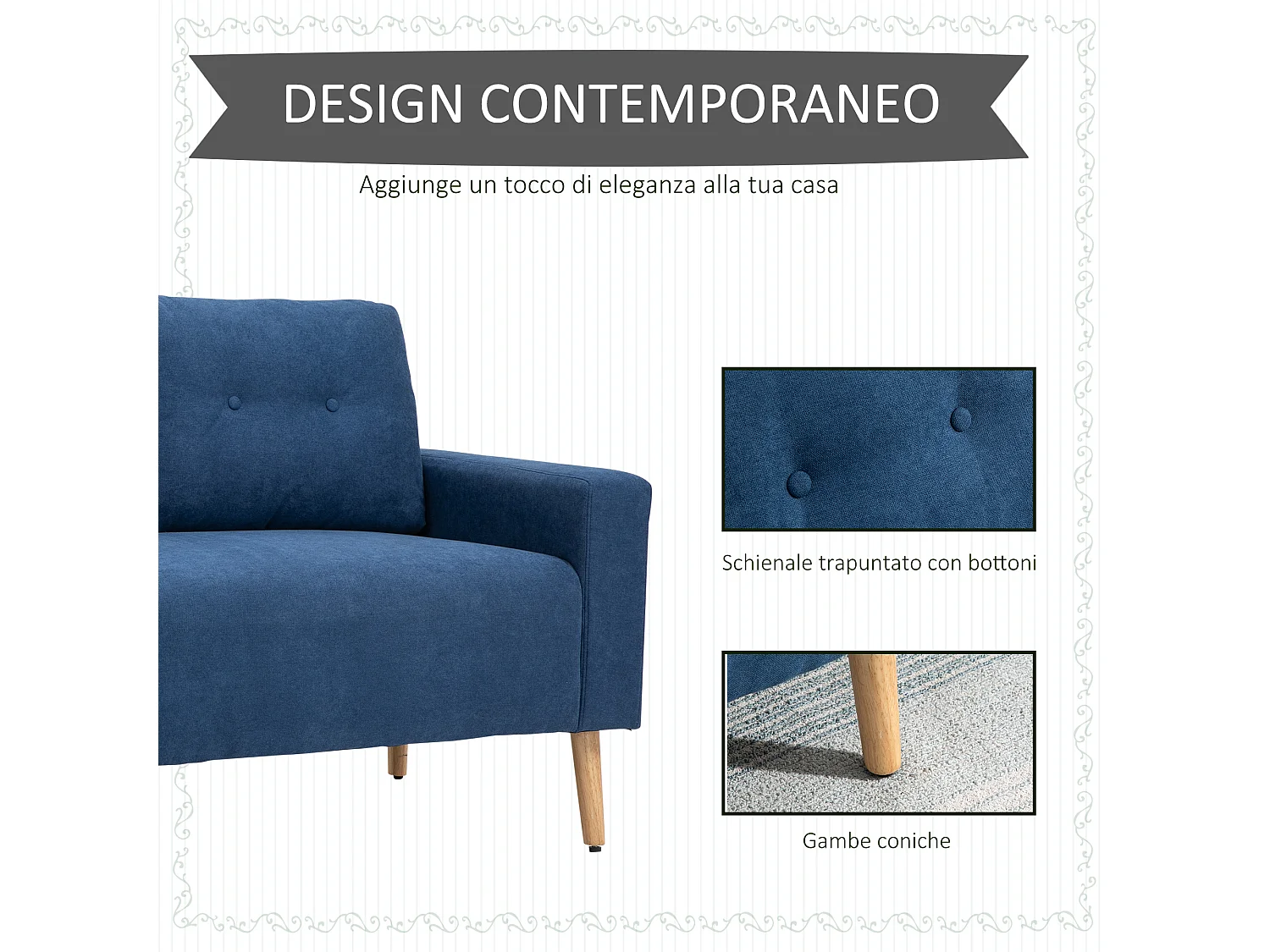 Divano 2 posti moderno con schienale trapuntato in poliestere blu