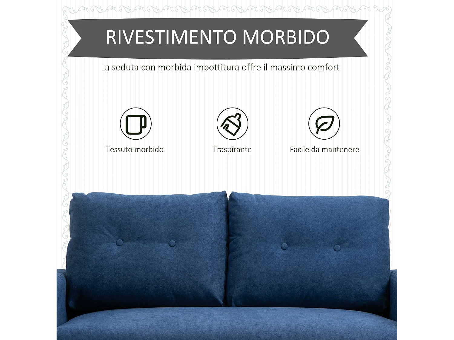 Divano 2 posti moderno con schienale trapuntato in poliestere blu