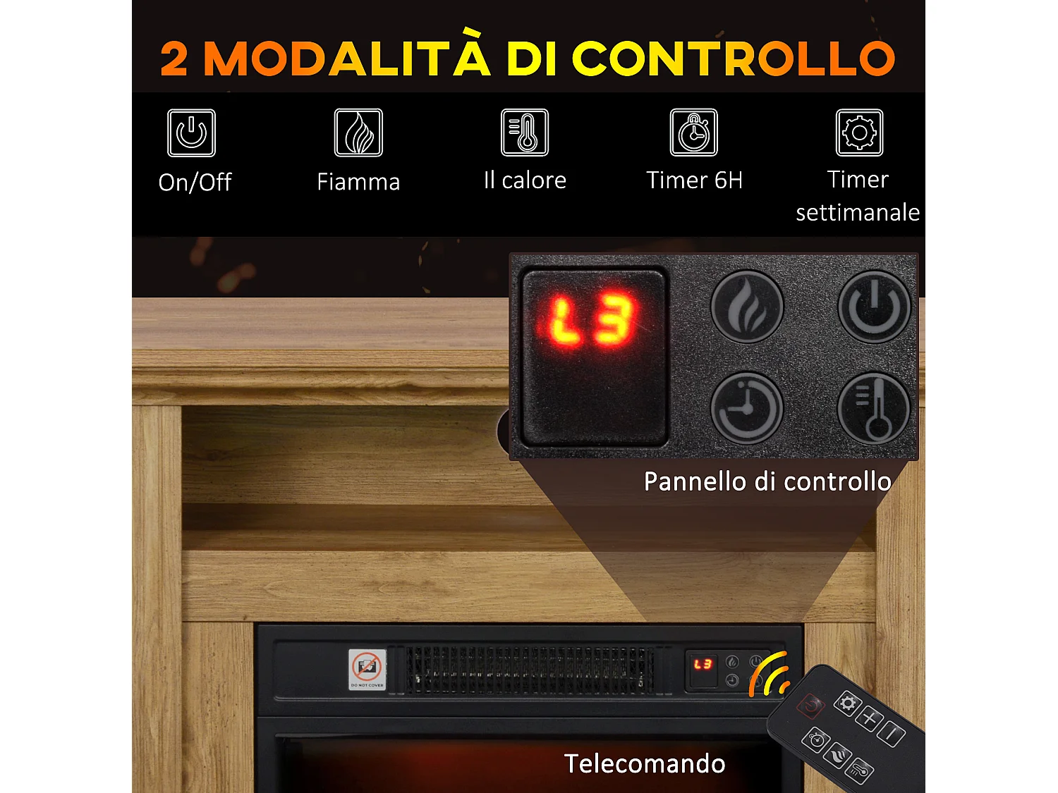 Camino Elettrico 1800W con fiamma 3d regolabile e timer marrone