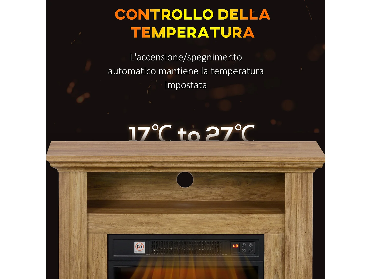 Camino Elettrico 1800W con fiamma 3d regolabile e timer marrone