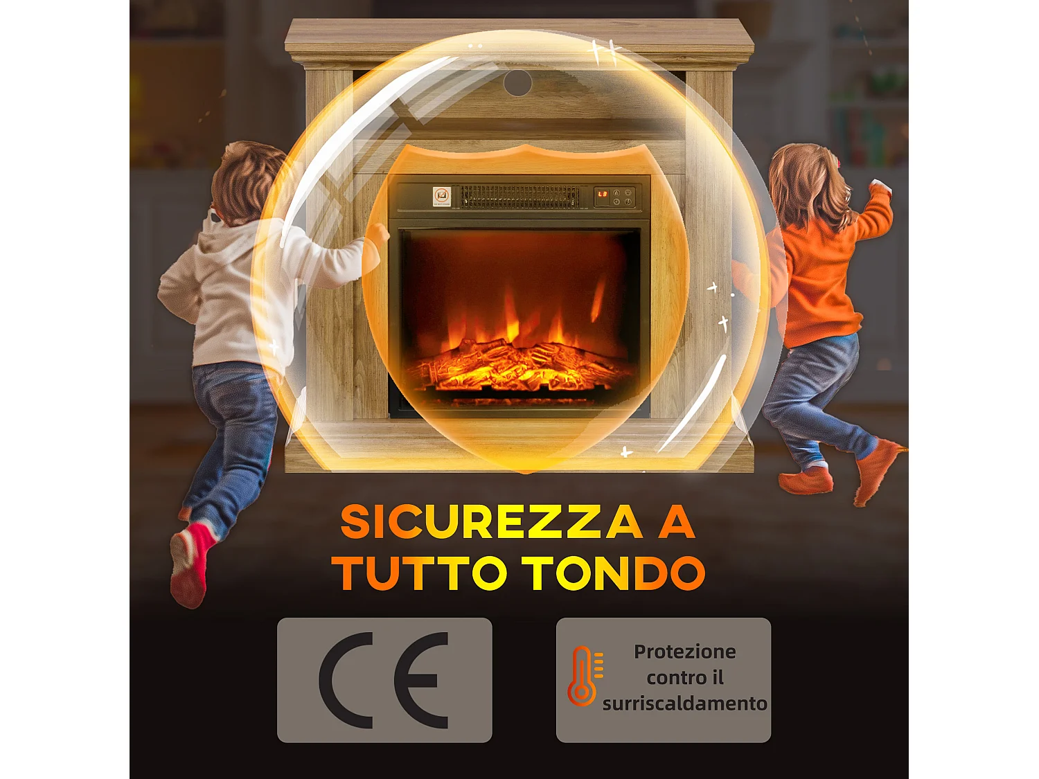 Camino Elettrico 1800W con fiamma 3d regolabile e timer marrone