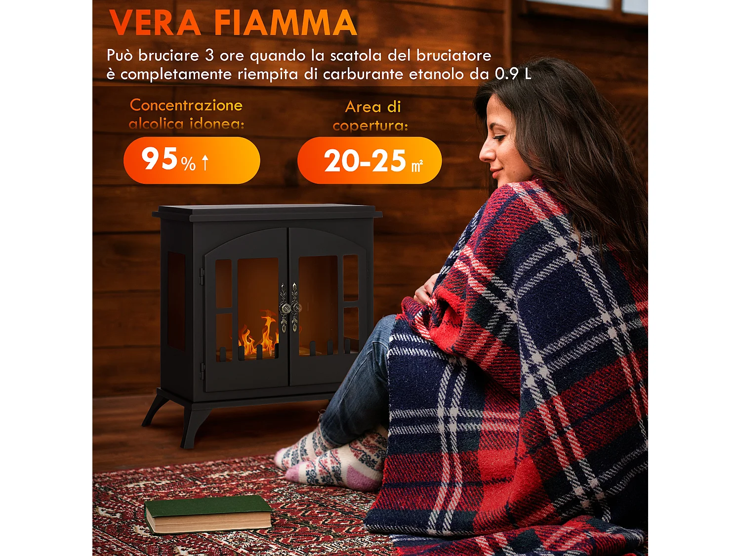 Camino a bioetanolo con bruciatore 0.9 litri per 3 ore di durata nero