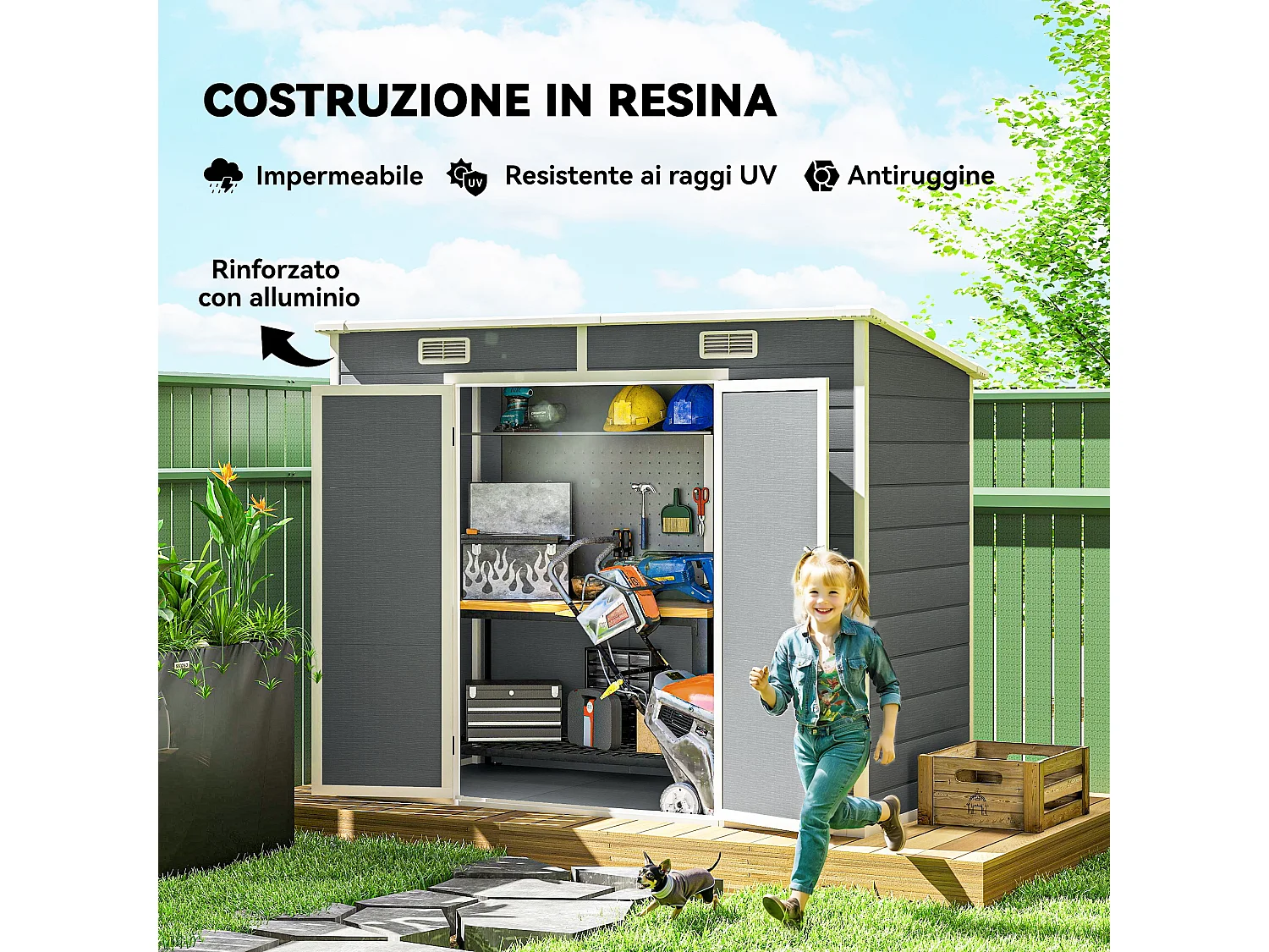 Casetta da giardino porta attrezzi in finitura effetto legno graffiato con pavimento