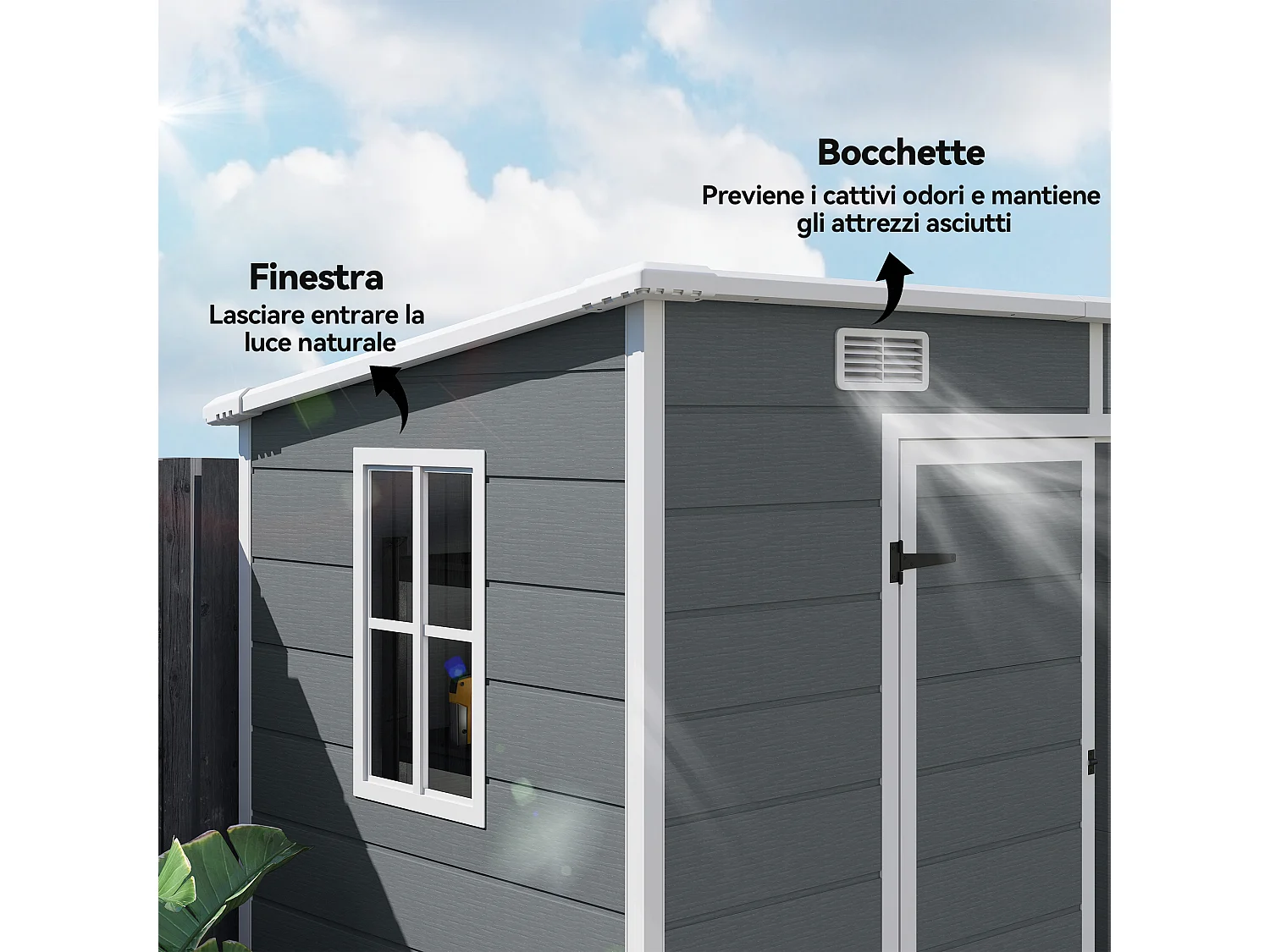 Casetta da giardino porta attrezzi in finitura effetto legno graffiato con pavimento