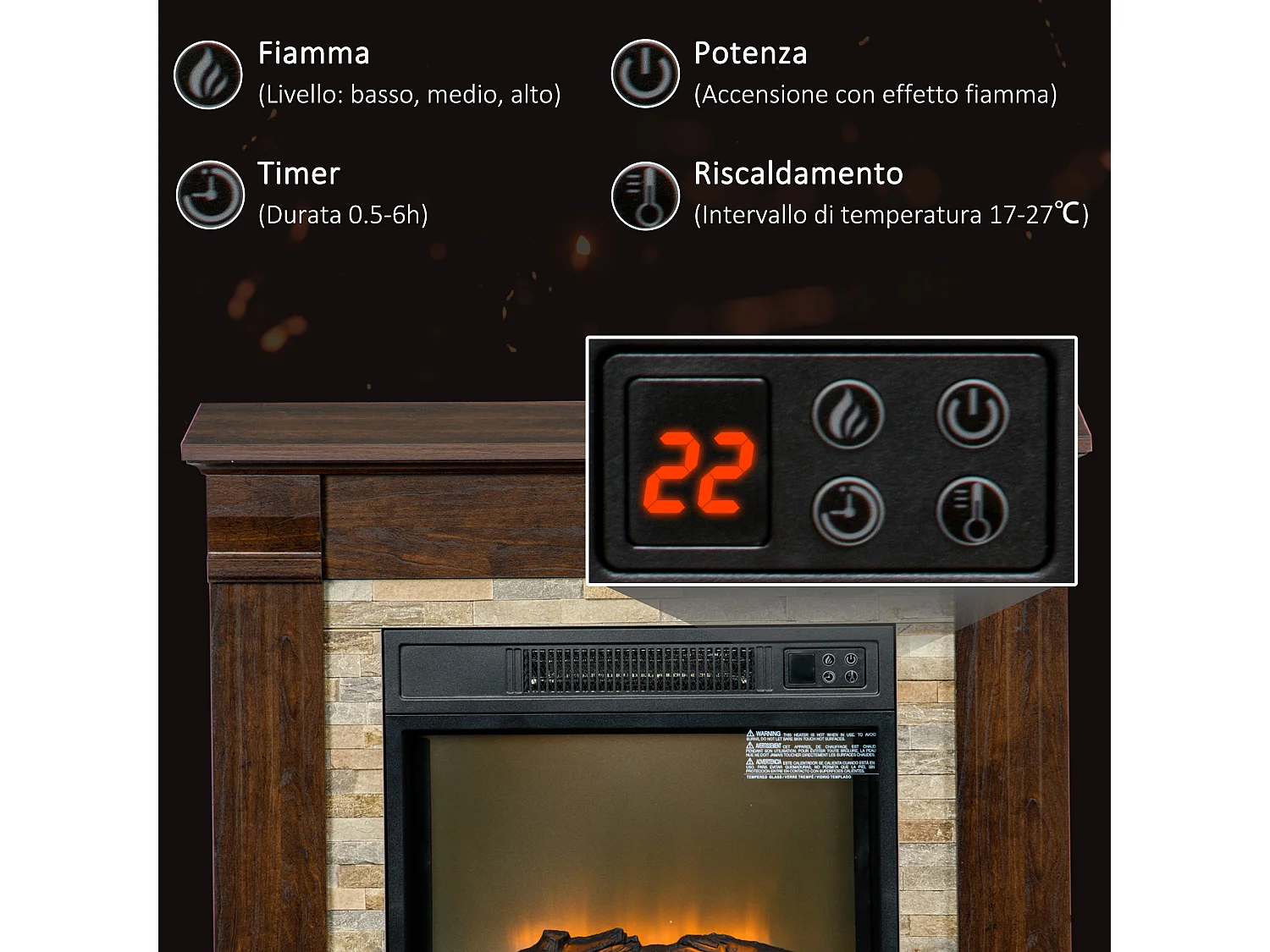 Camino elettrico da incasso con fiamma realistica e timer marrone