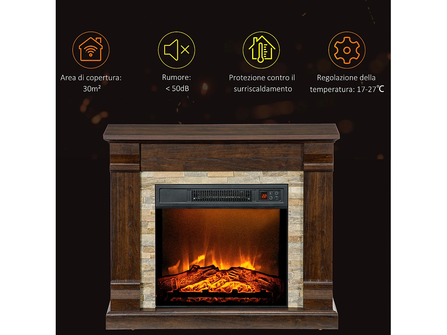 Camino elettrico da incasso con fiamma realistica e timer marrone