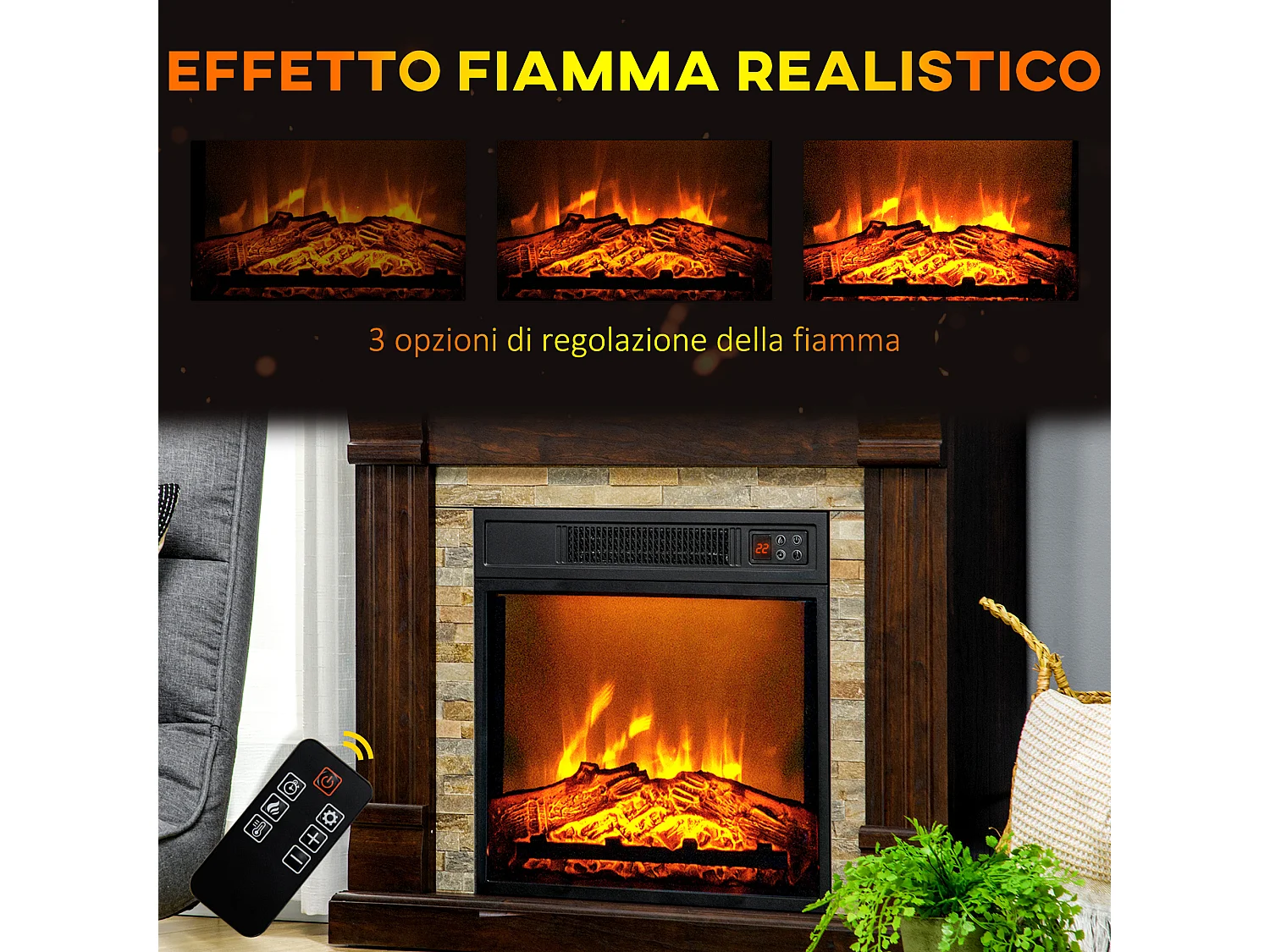 Camino elettrico da incasso con fiamma realistica e timer marrone