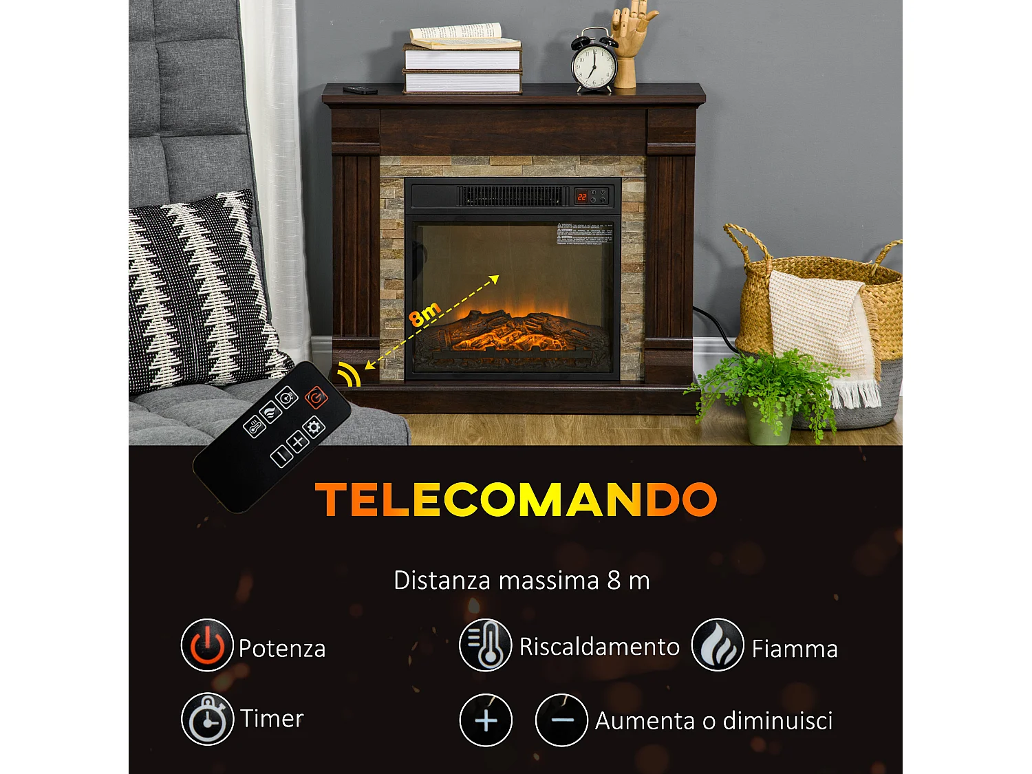 Camino elettrico da incasso con fiamma realistica e timer marrone