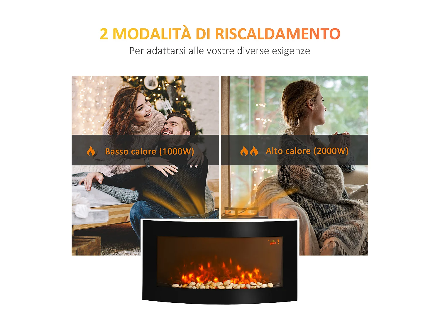 Camino elettrico con luce led 7 colori potenza 1000/2000W nero