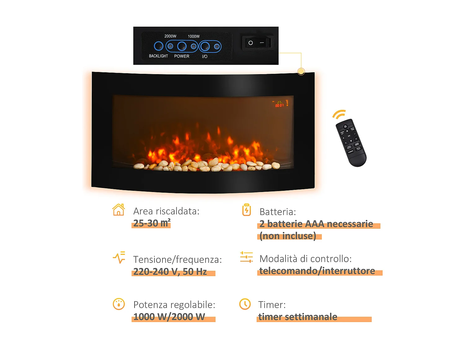 Camino elettrico con luce led 7 colori potenza 1000/2000W nero